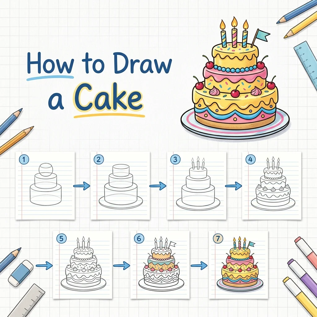 How to Draw a Cake: Easy Step-by-Step Drawing Tutorial for Kids 1 How to Draw a Cake