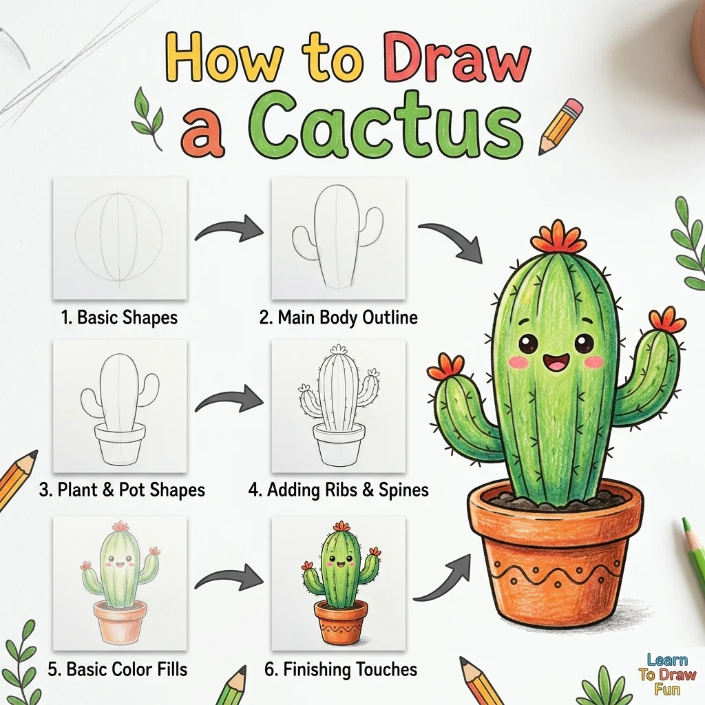 How to Draw a Cactus: Easy Step-by-Step Drawing Tutorial for Kids 1 How to Draw a Cactus