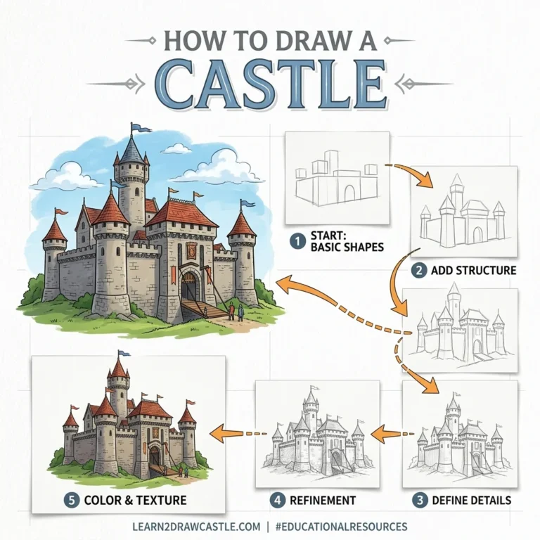 How to Draw a 3D Castle: Easy Step-by-Step Drawing Tutorial for Kids 31 How to Draw a 3D Castle
