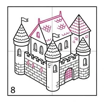 How to Draw a 3D Castle: Easy Step-by-Step Drawing Tutorial for Kids 9 How to Draw a 3D Castle Step 8