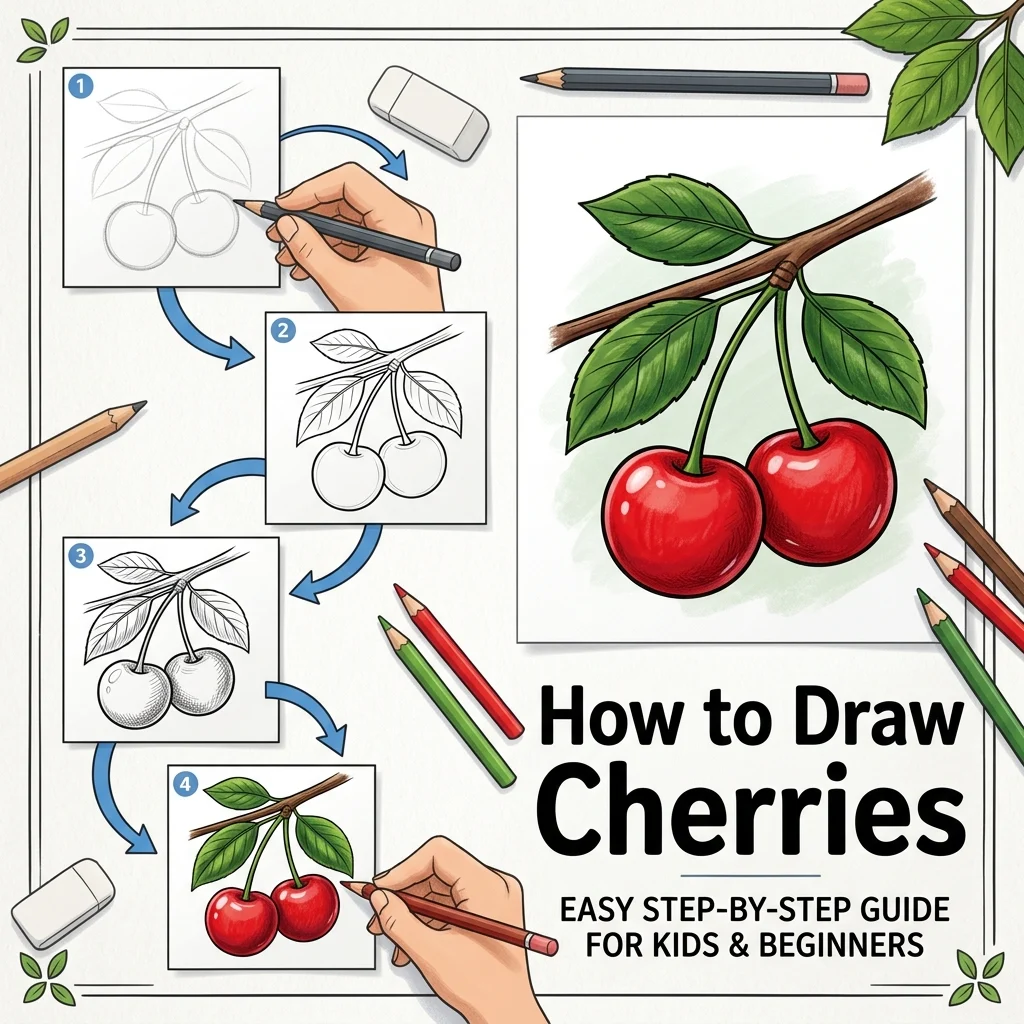 How to Draw Cherries: Easy Step-by-Step Drawing Tutorial for Kids 1 How to Draw Cherries