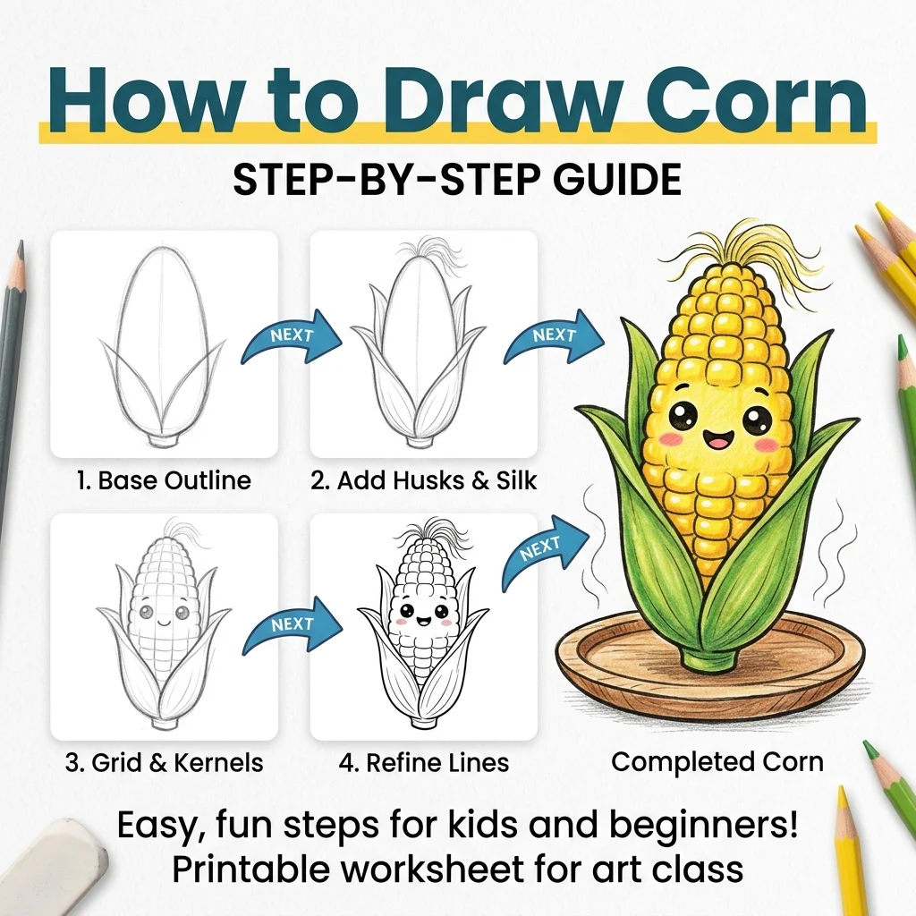 How to Draw Corn: Easy Step-by-Step Drawing Tutorial for Kids 1 How to Draw Corn