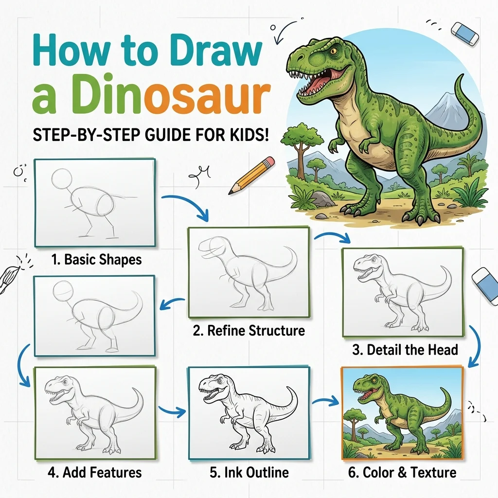 How to Draw a Dinosaur: Easy Step-by-Step Drawing Tutorial for Kids 1 How to Draw a Dinosaur