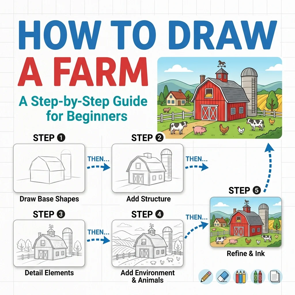 How to Draw a Farm Barn: Easy Step-by-Step Drawing Tutorial for Kids 1 How to Draw a Farm Barn