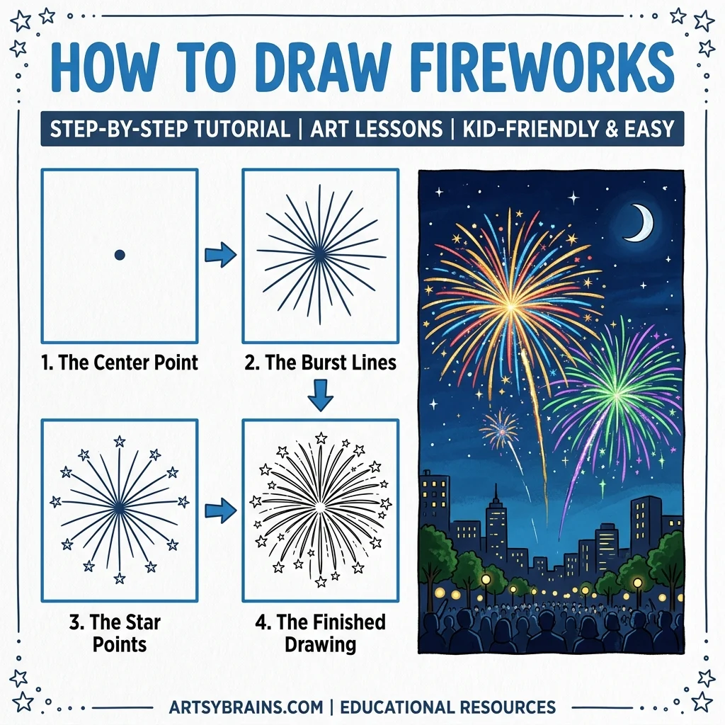 How to Draw Fireworks: Easy Step-by-Step Drawing Tutorial for Kids 1 How to Draw Fireworks