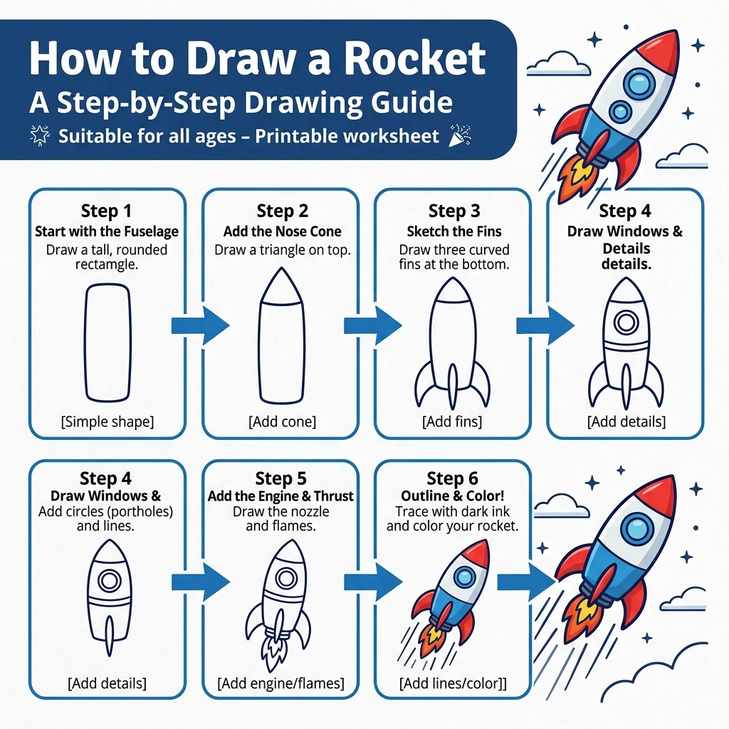 How to Draw a Rocket: Easy Step-by-Step Drawing Tutorial for Kids 1 How to Draw a Rocket