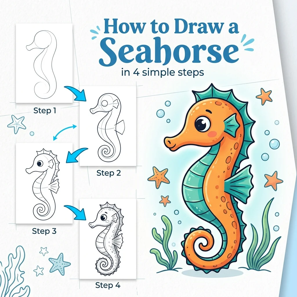 How to Draw a Seahorse: Easy Step-by-Step Drawing Tutorial for Kids 1 How to Draw a Seahorse