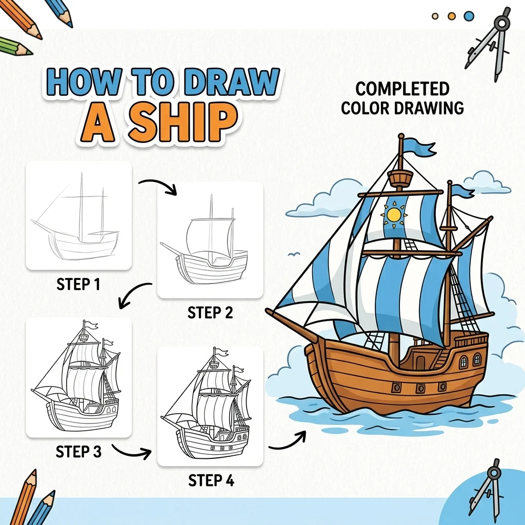 How to Draw a Sailing Ship: Easy Step-by-Step Drawing Tutorial for Kids 1 How to Draw a Sailing Ship