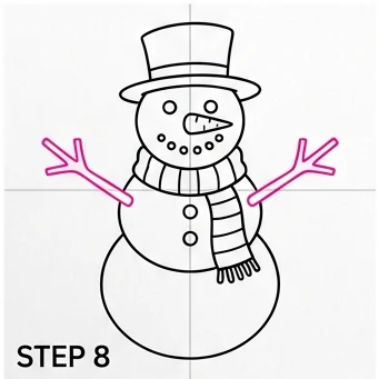 How to Draw a Snowman: Easy Step-by-Step Drawing Tutorial for Kids 9 How to Draw a Snowman Step 8