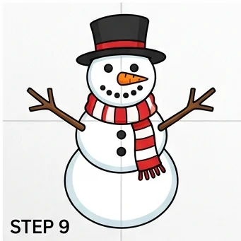 How to Draw a Snowman: Easy Step-by-Step Drawing Tutorial for Kids 10 How to Draw a Snowman Step 9